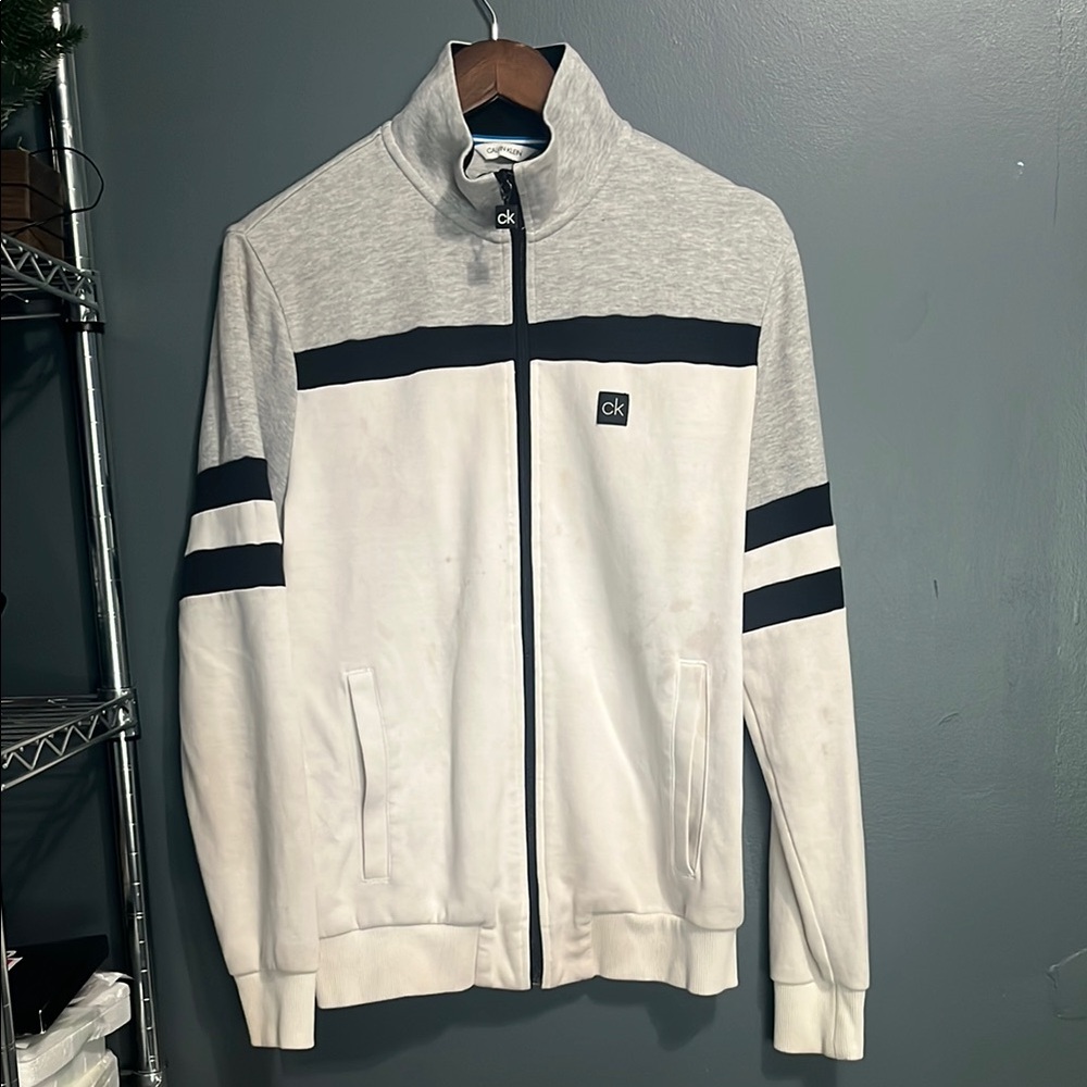 Calvin Klein White and Black Zip Up Sweater Sporty Design